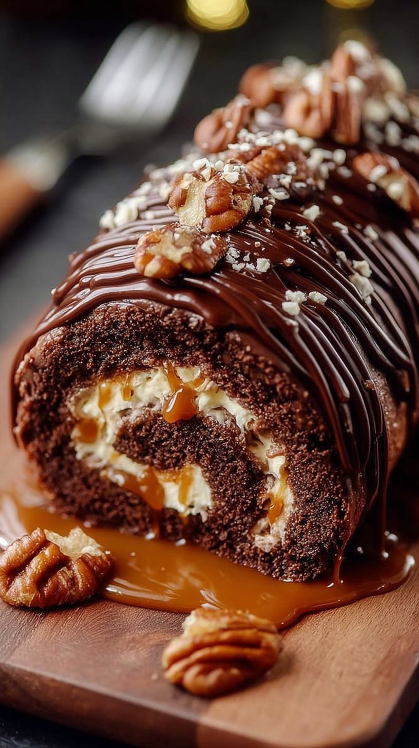 Gooey Chocolate Caramel Turtle Cake Roll