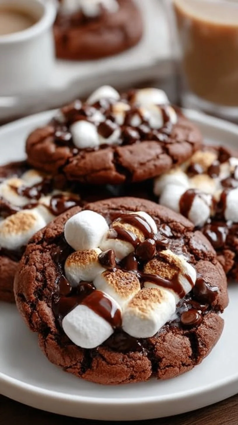 Delicious marshmallow-surprise hot cocoa cookies with melted chocolate topping.