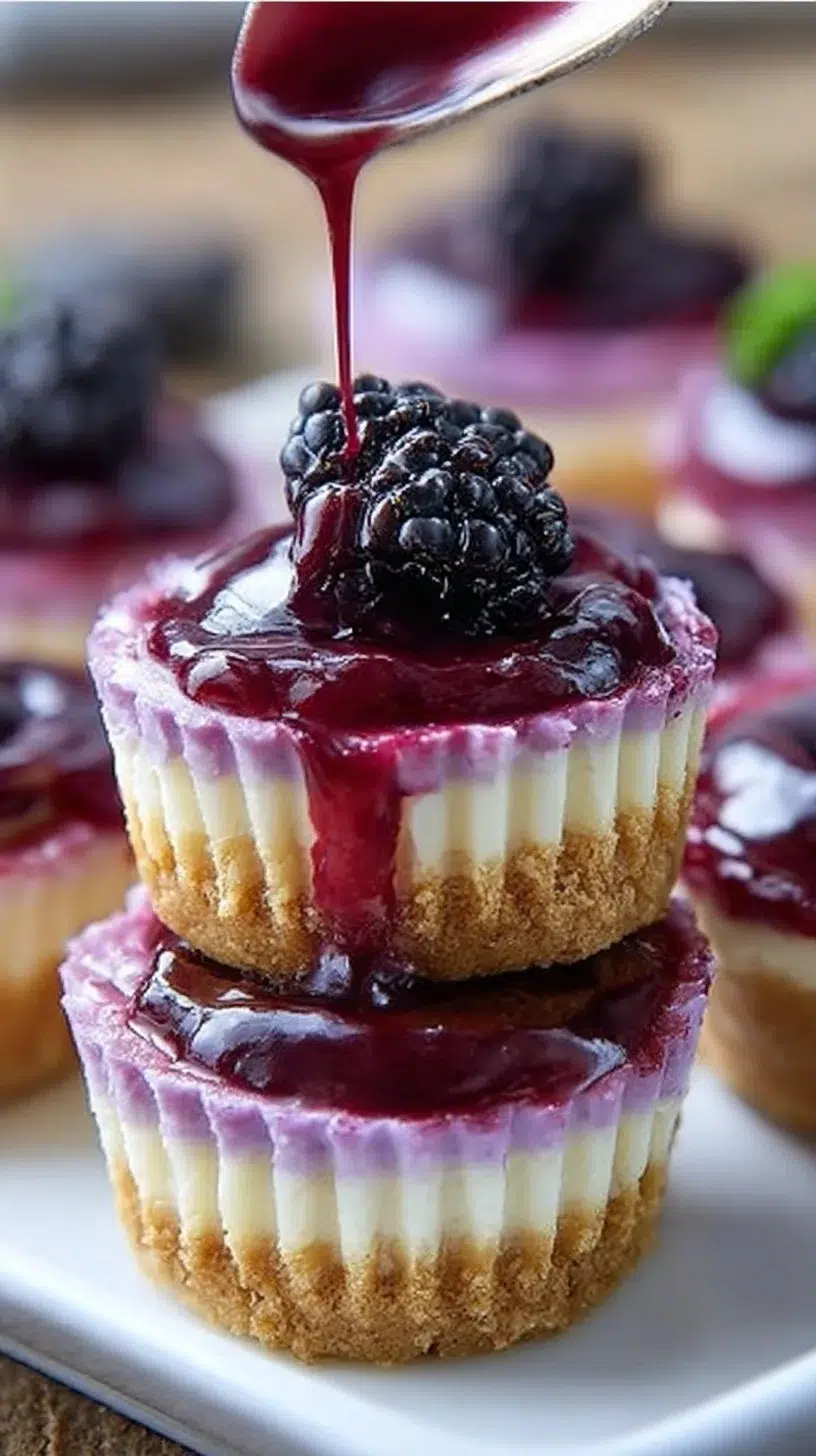 Mini blackberry lavender cheesecakes topped with fresh blackberries