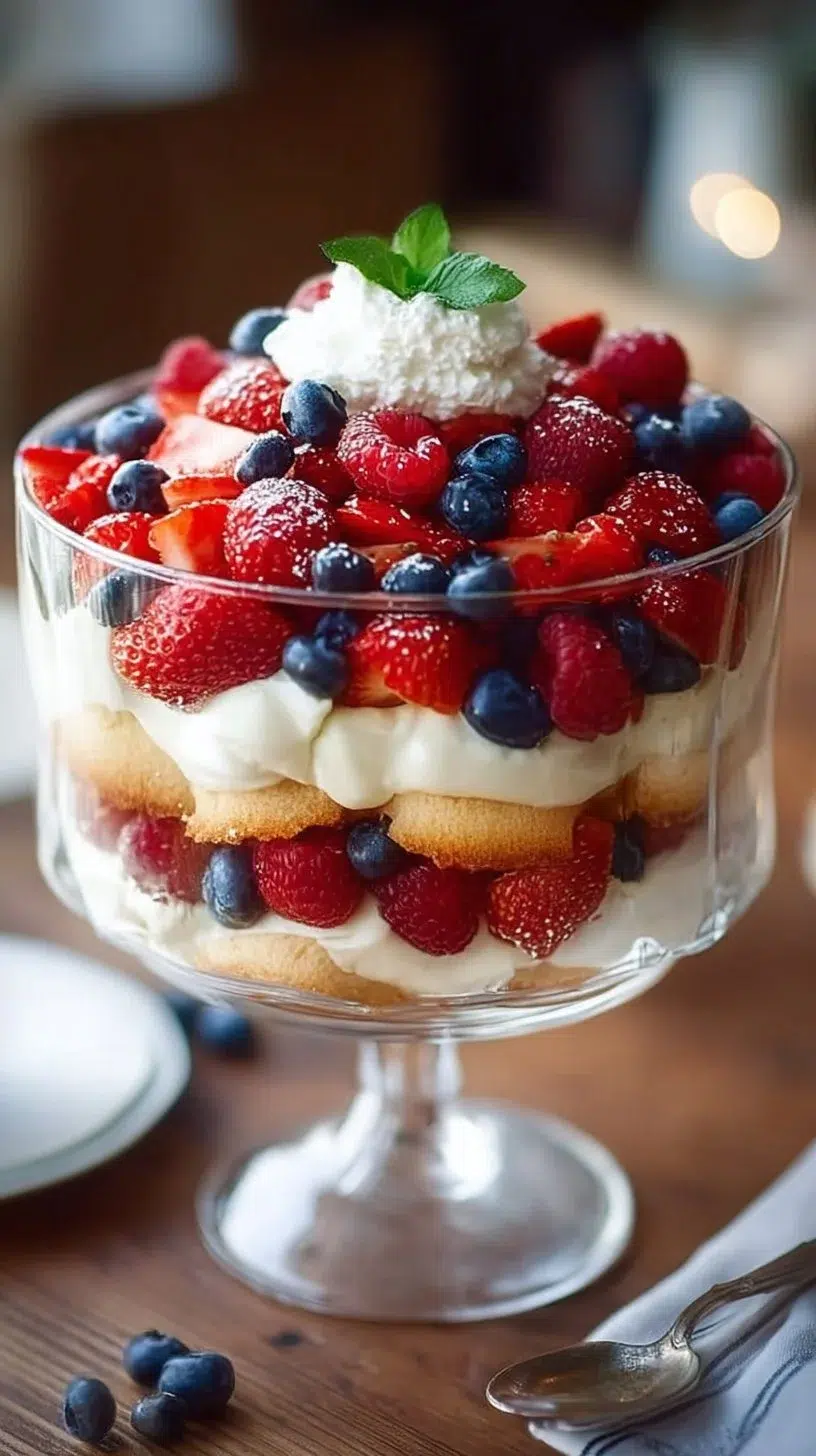 Delicious layered mixed berry trifle dessert with fresh berries and whipped cream