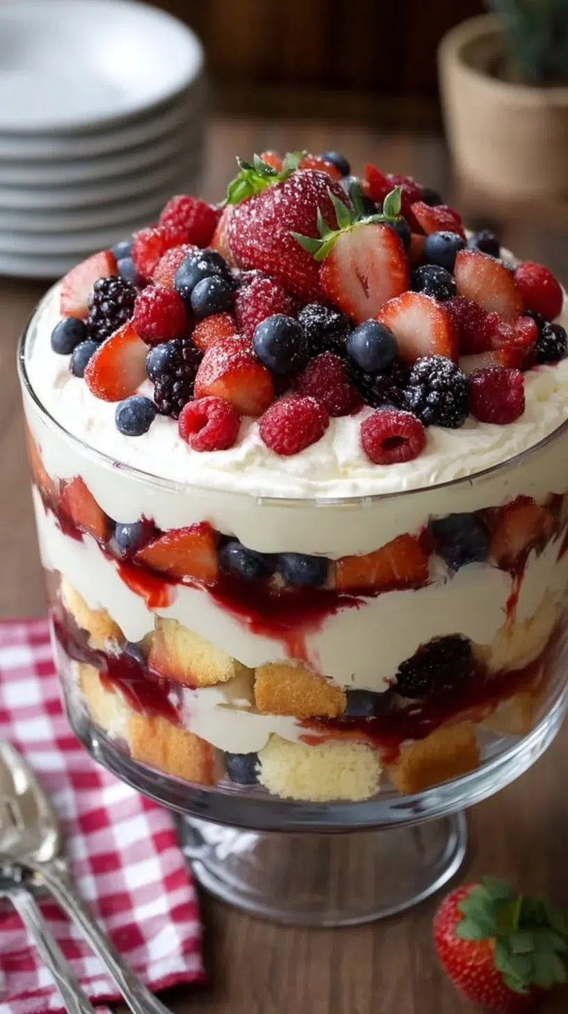 Delicious no-bake mixed berry trifle in a glass dish topped with berries