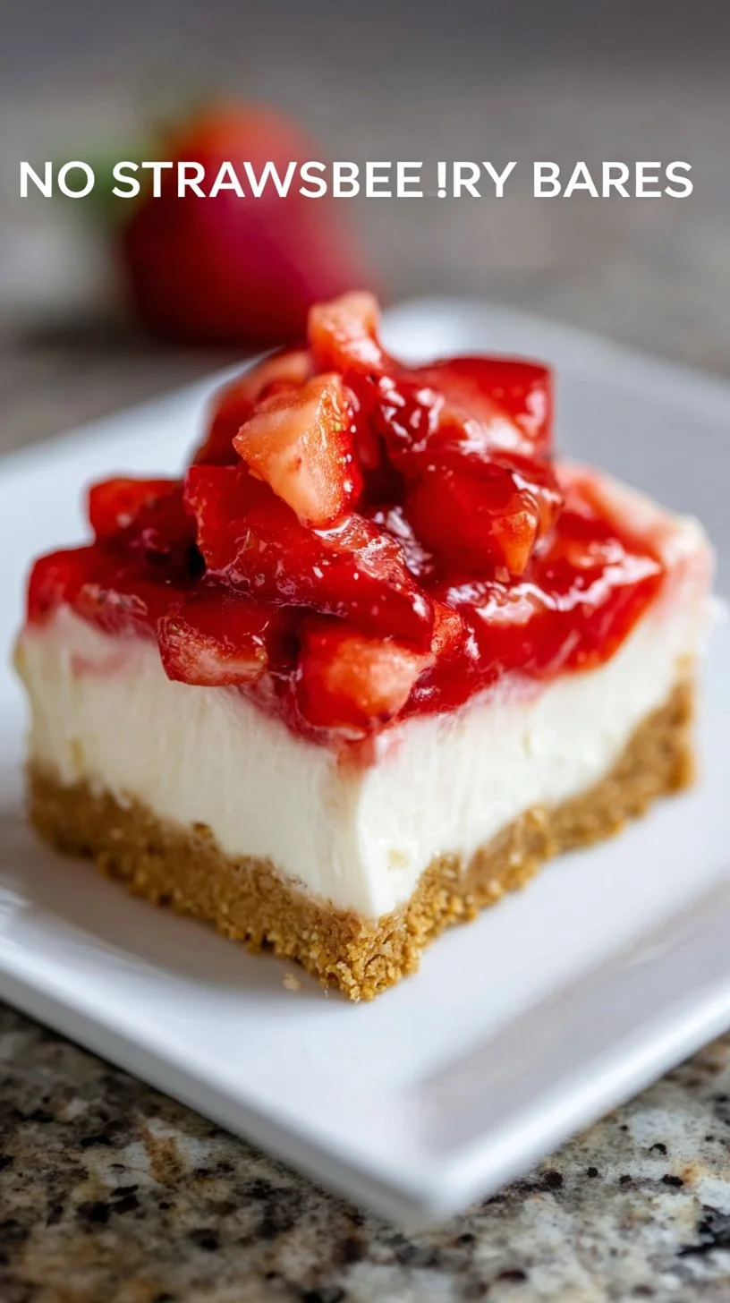 No-bake strawberry cheesecake bars topped with fresh strawberries and whipped cream