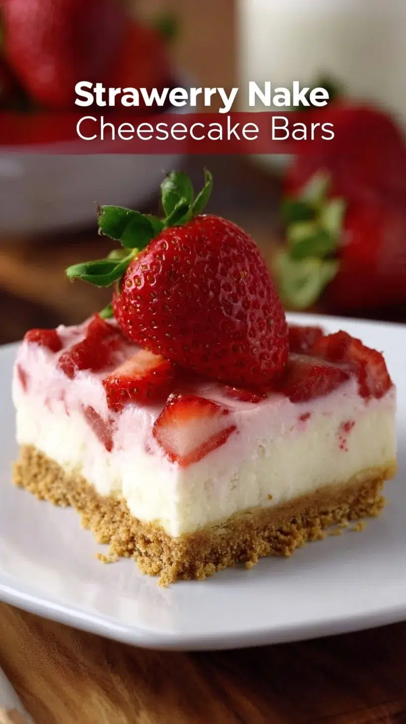 No-bake strawberry cheesecake bars topped with fresh strawberries