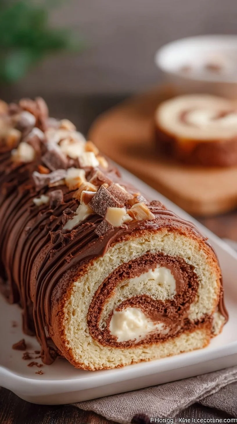 Delicious Nutella Swiss Roll dessert on a plate with chocolate drizzle.
