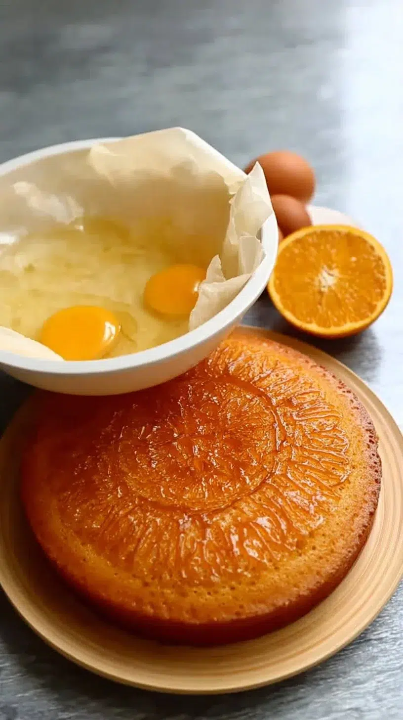 Sliced Orange-Cardamom Olive Oil Cake on a white plate with orange slices.