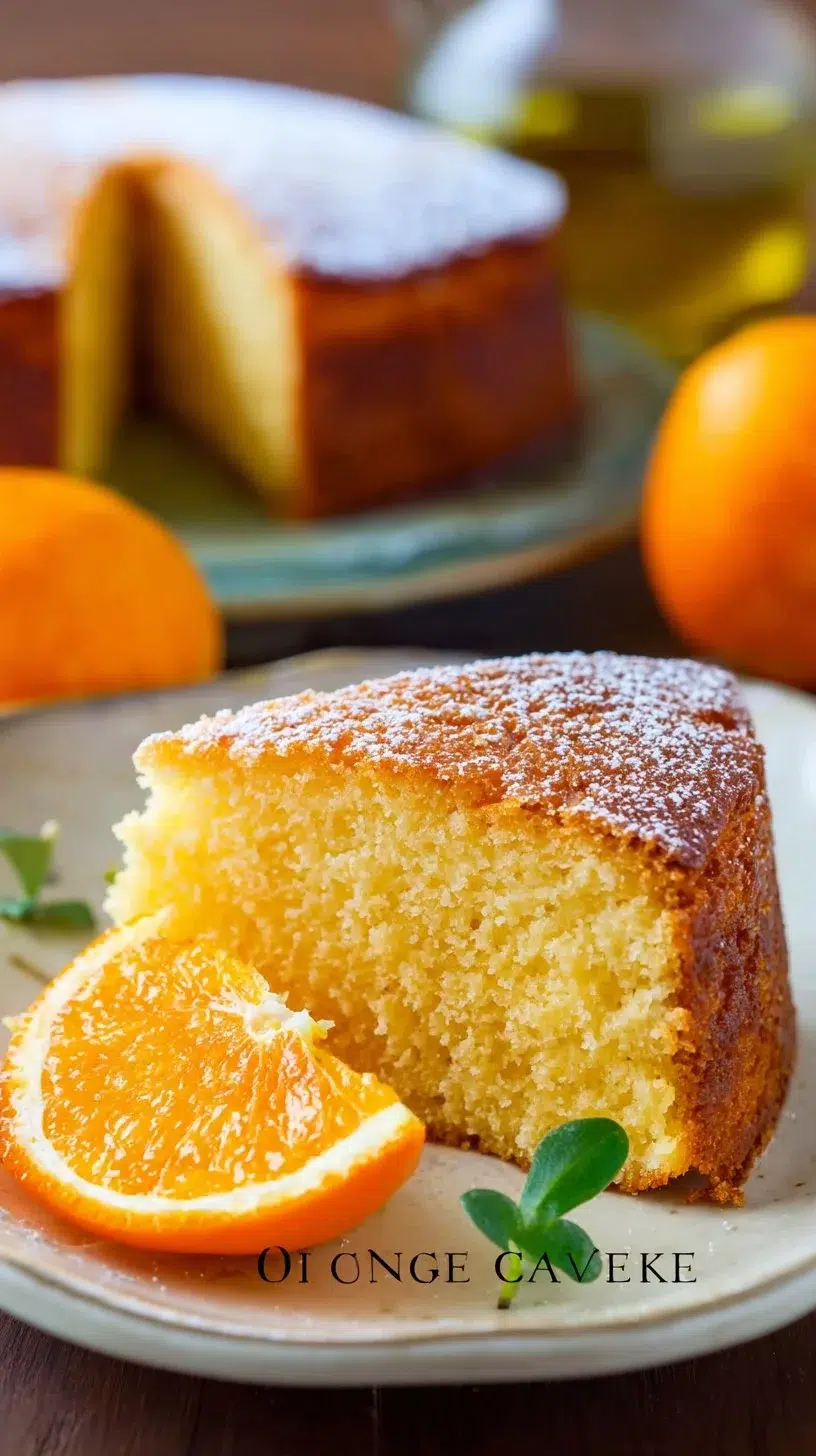Delicious slice of orange olive oil cake topped with orange zest and icing sugar.