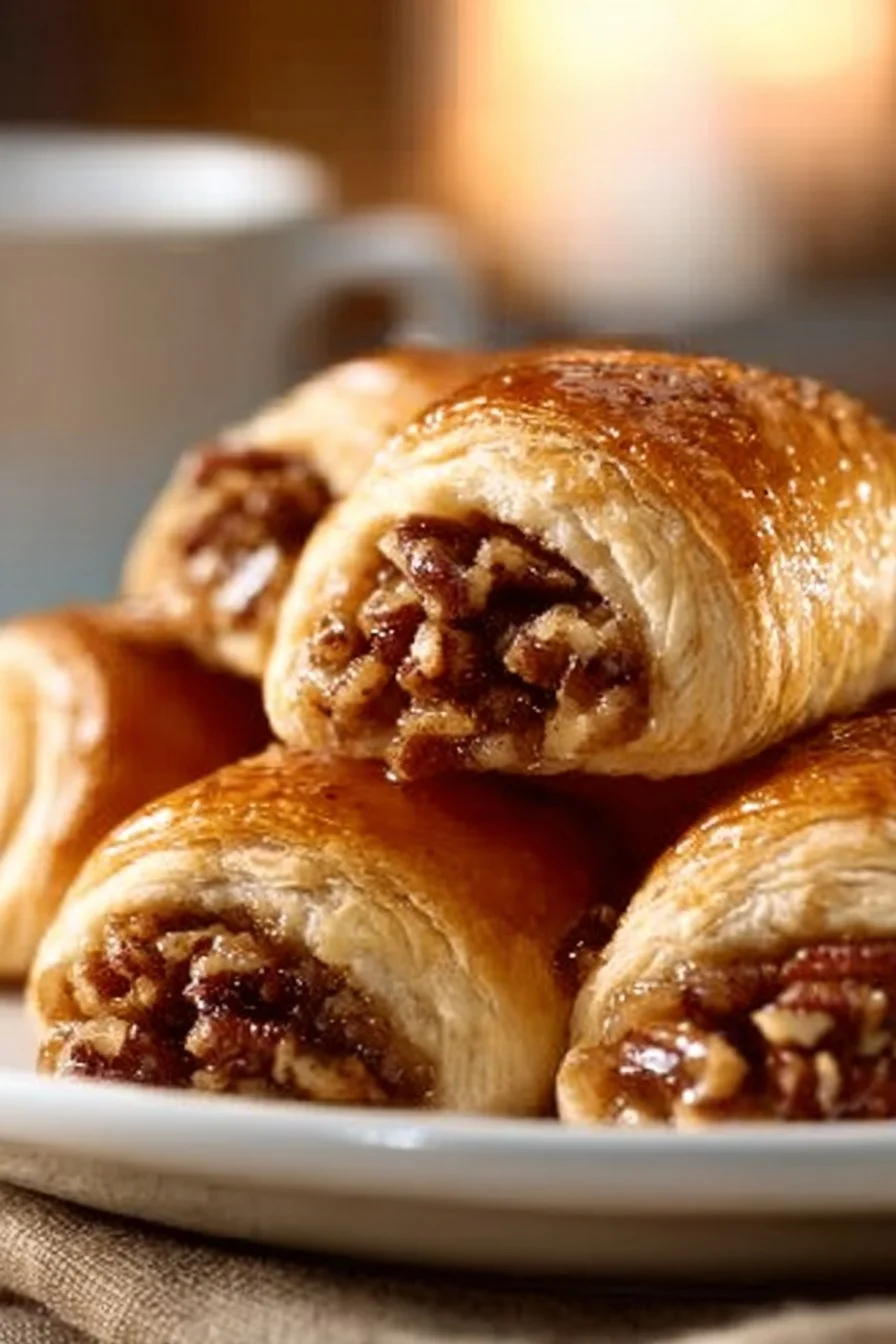 Pecan pie crescent rolls fresh out of the oven with pecan topping