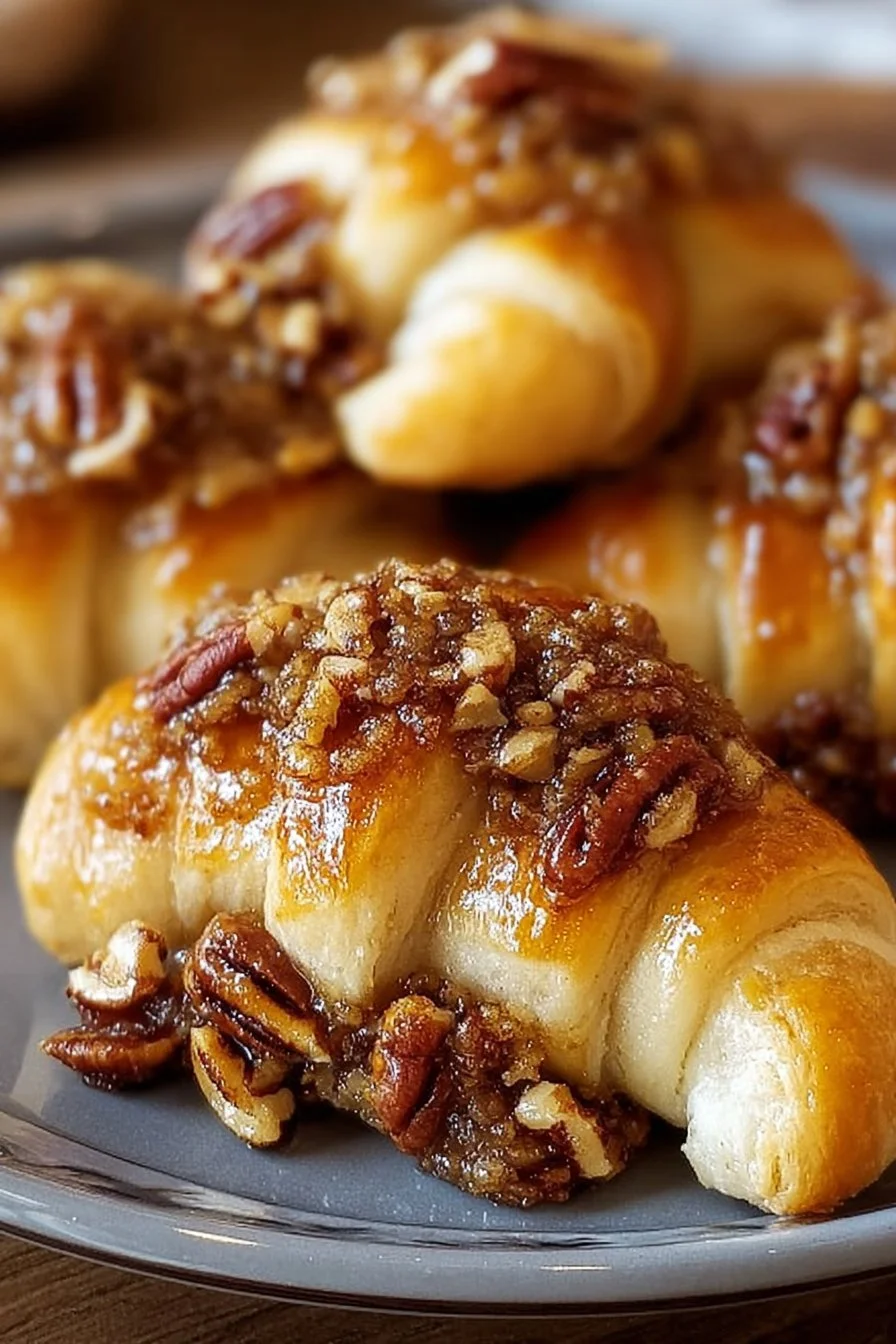 Pecan Pie Crescent Rolls topped with pecans and caramel sauce