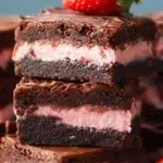 Delicious strawberry brownies in a baking pan, ready to serve.