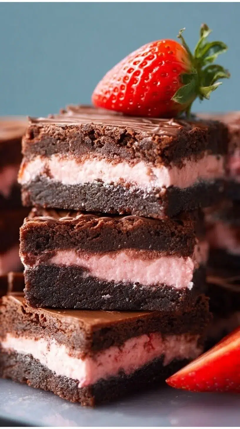 Delicious strawberry brownies in a baking pan, ready to serve.