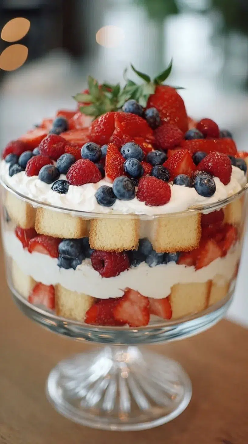 Pound cake berry trifle layered with fresh berries and cream