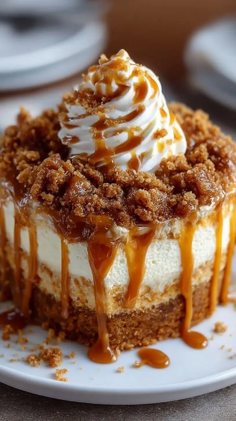 Delicious Pumpkin Caramel Crunch Cake topped with crunchy caramel pieces.