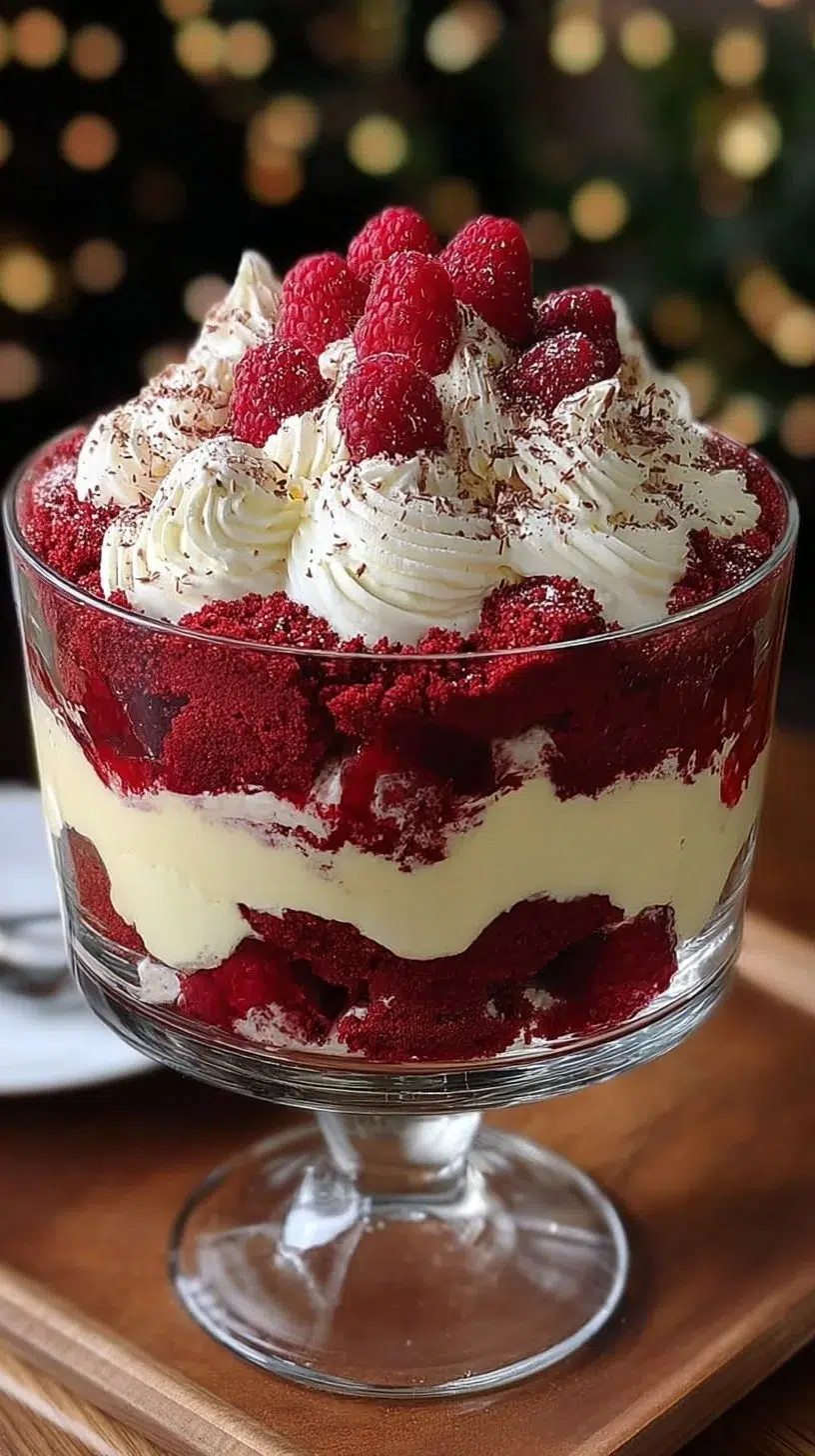 Delicious Red Velvet Cake Trifle layered with cream cheese and cake