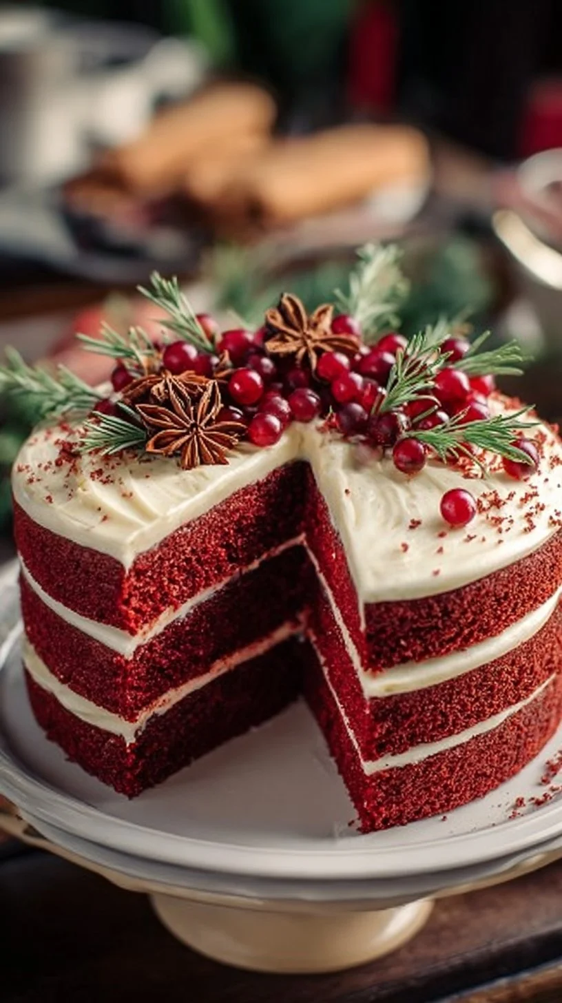 Red Velvet Christmas Cake topped with cream cheese frosting and decorative festive elements.