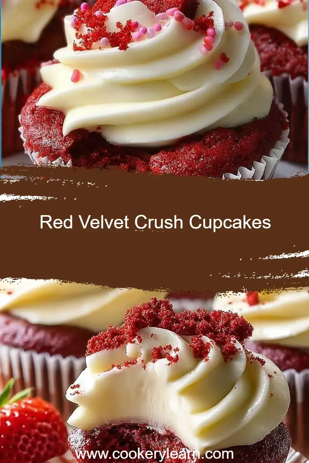 Delicious Red Velvet Crush Cupcakes topped with cream cheese frosting