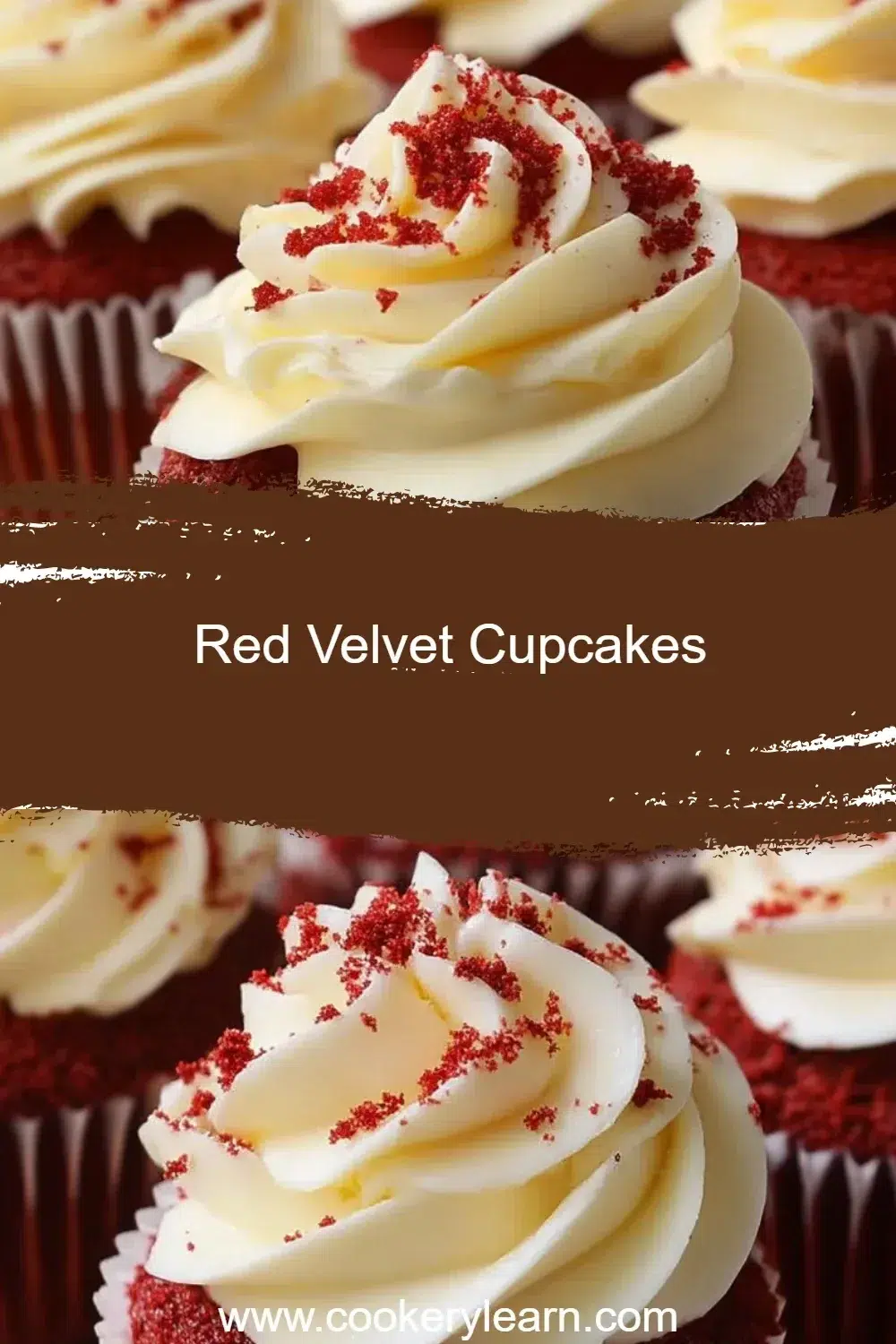 Freshly baked red velvet cupcakes topped with cream cheese frosting.