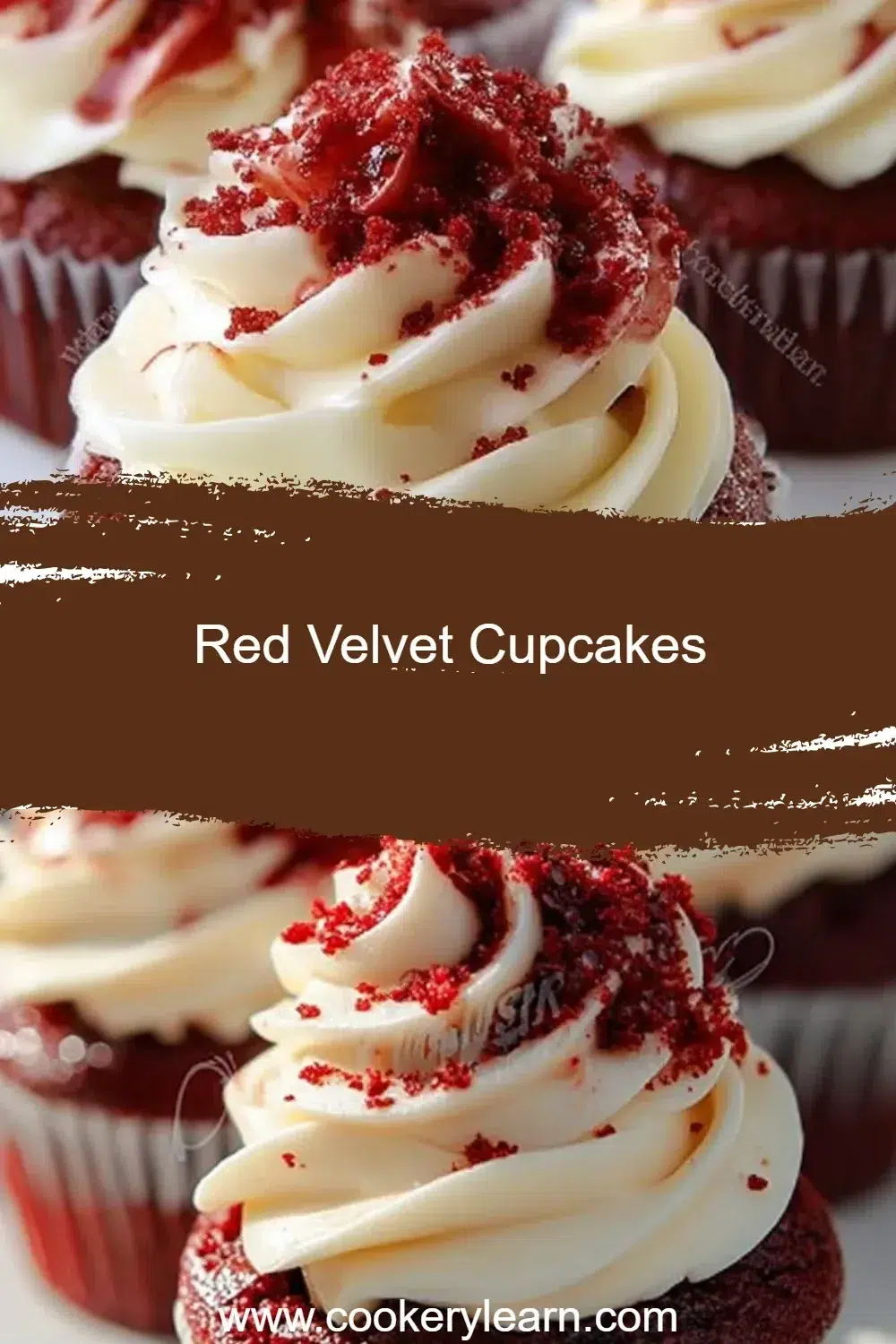 Delicious red velvet cupcakes with cream cheese frosting on a decorative plate