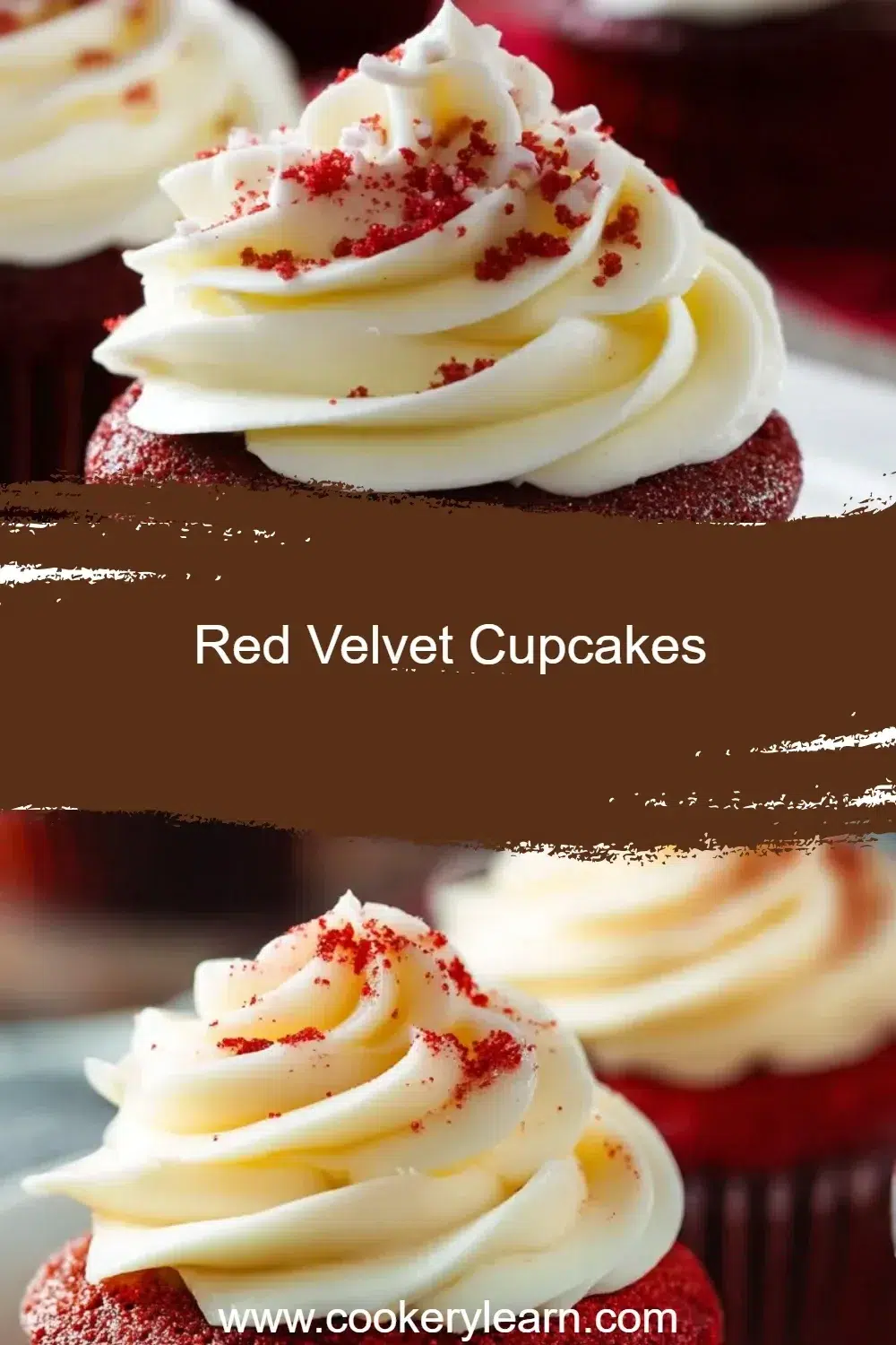 Delicious red velvet cupcakes with cream cheese frosting on a decorative plate.