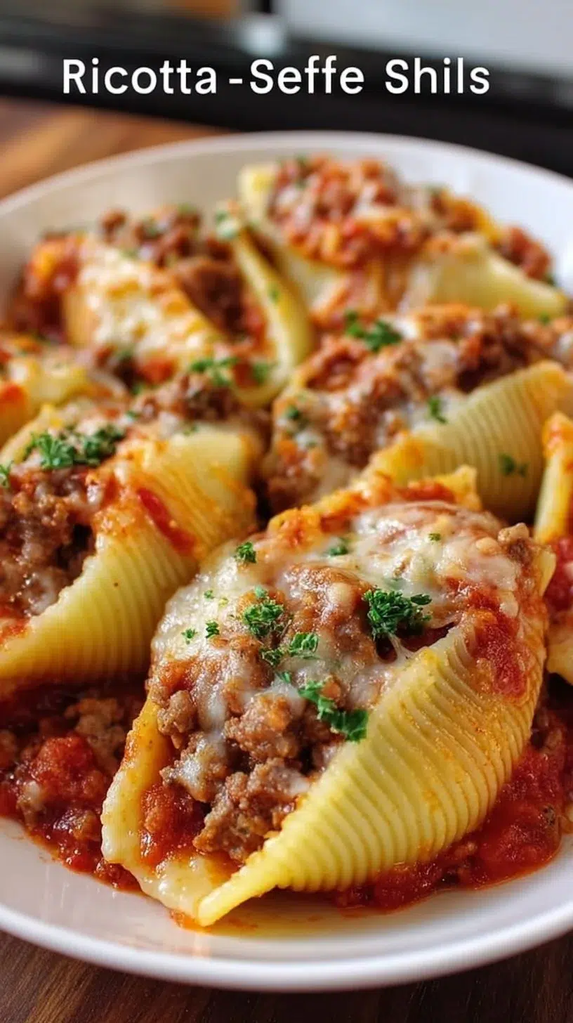 Ricotta beef stuffed shells gratin baked with cheese and herbs