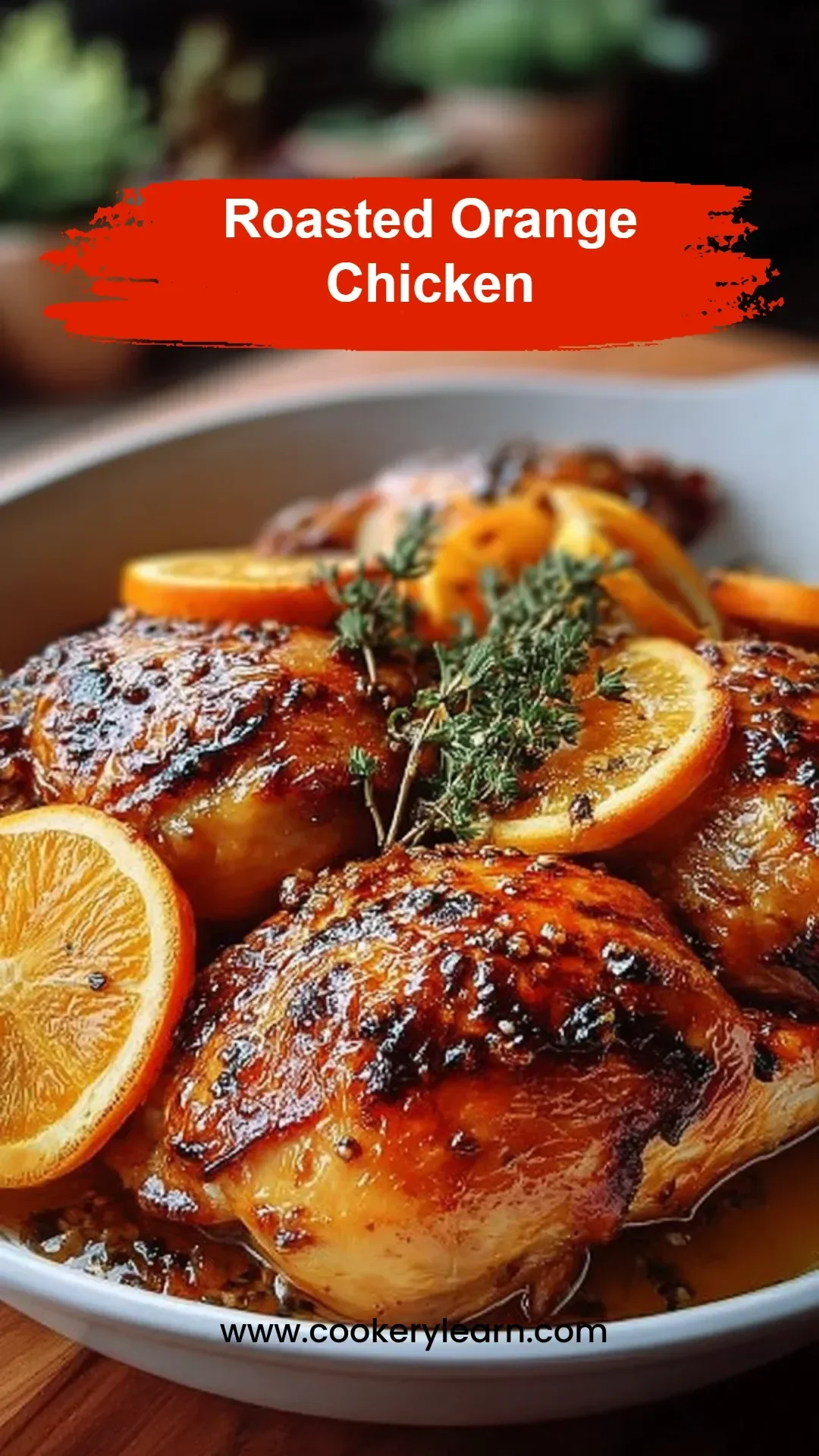 Delicious roasted orange chicken garnished with fresh herbs
