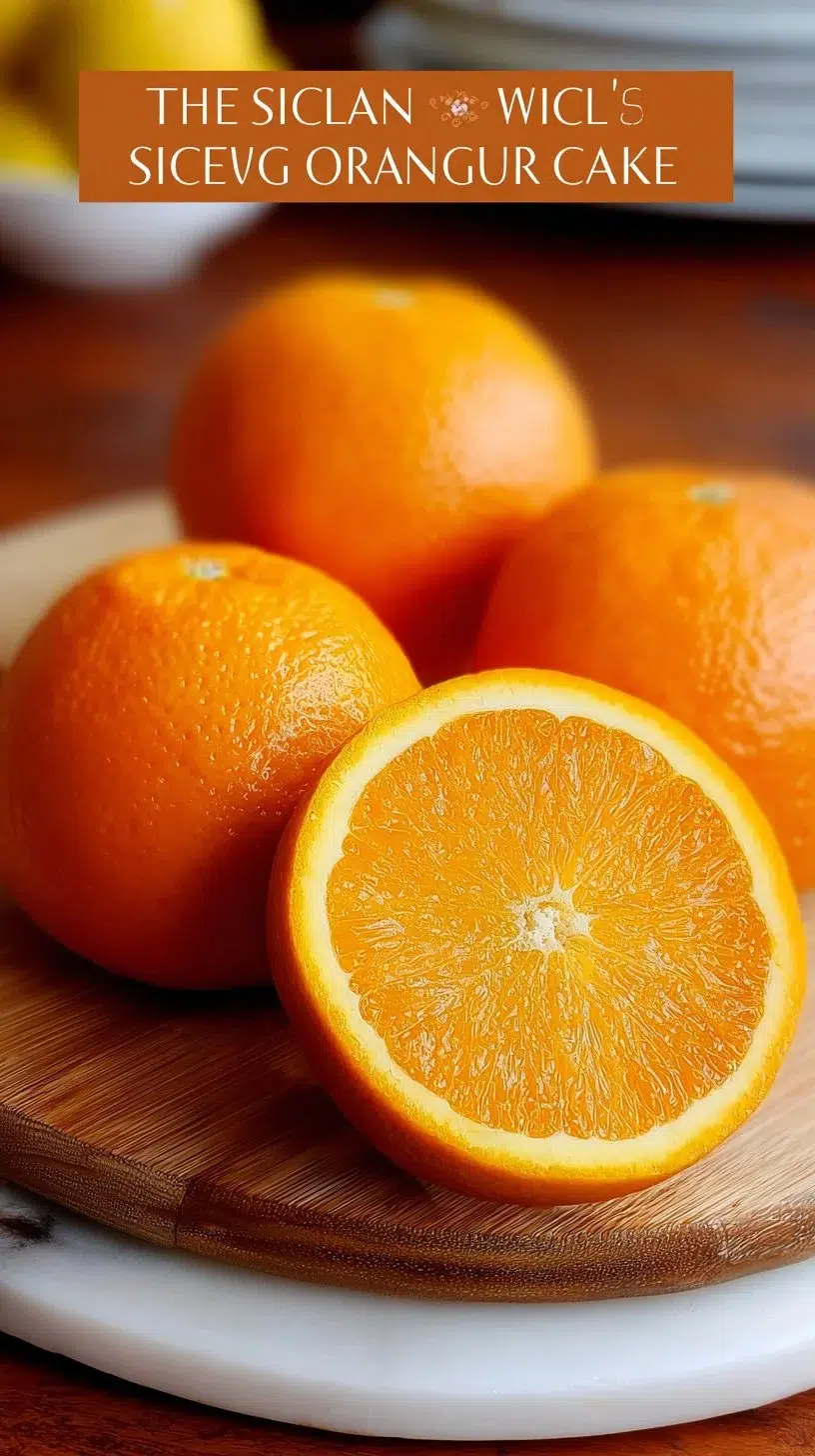 Sicilian Whole Orange Cake decorated with fresh oranges and a dusting of powdered sugar