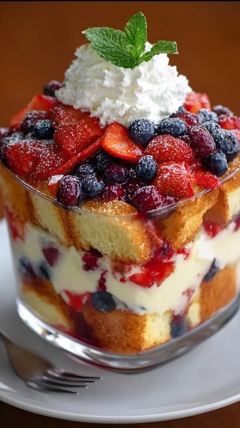 Colorful layers of a simple trifle dessert with fruit and cream