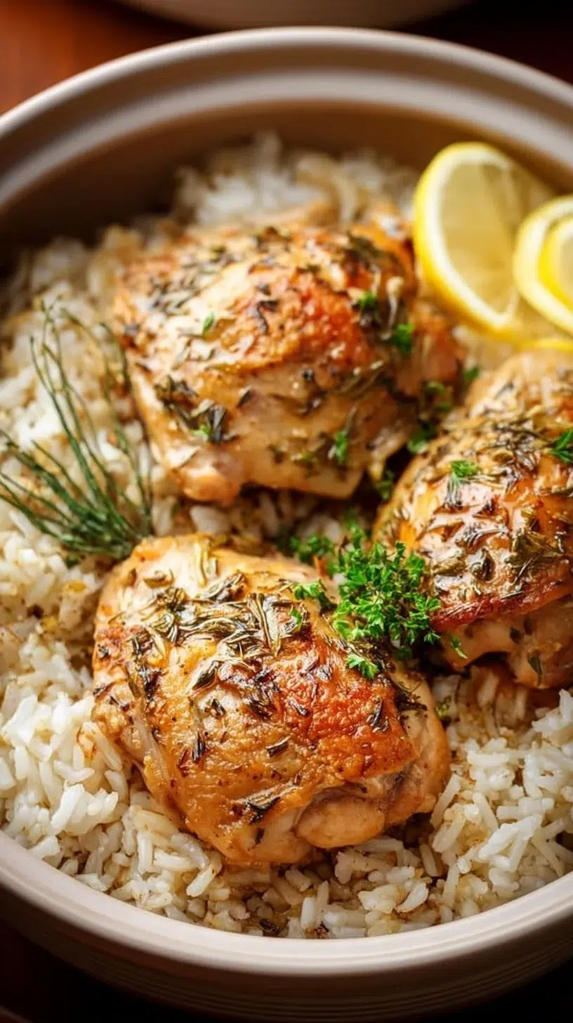 Slow Cooker Lemon Herb Chicken served over rice with fresh herbs.