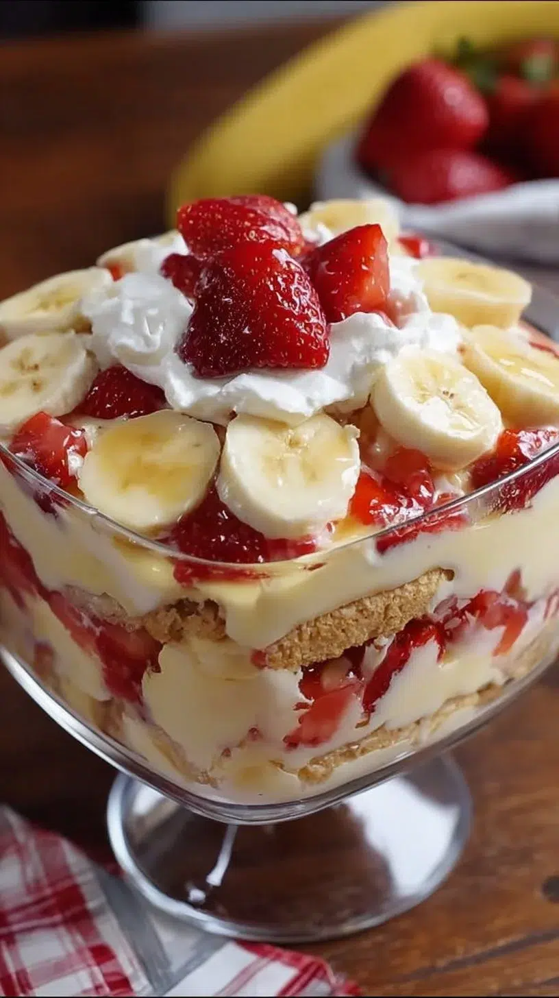 Delicious strawberry banana pudding served in a bowl with fresh fruits