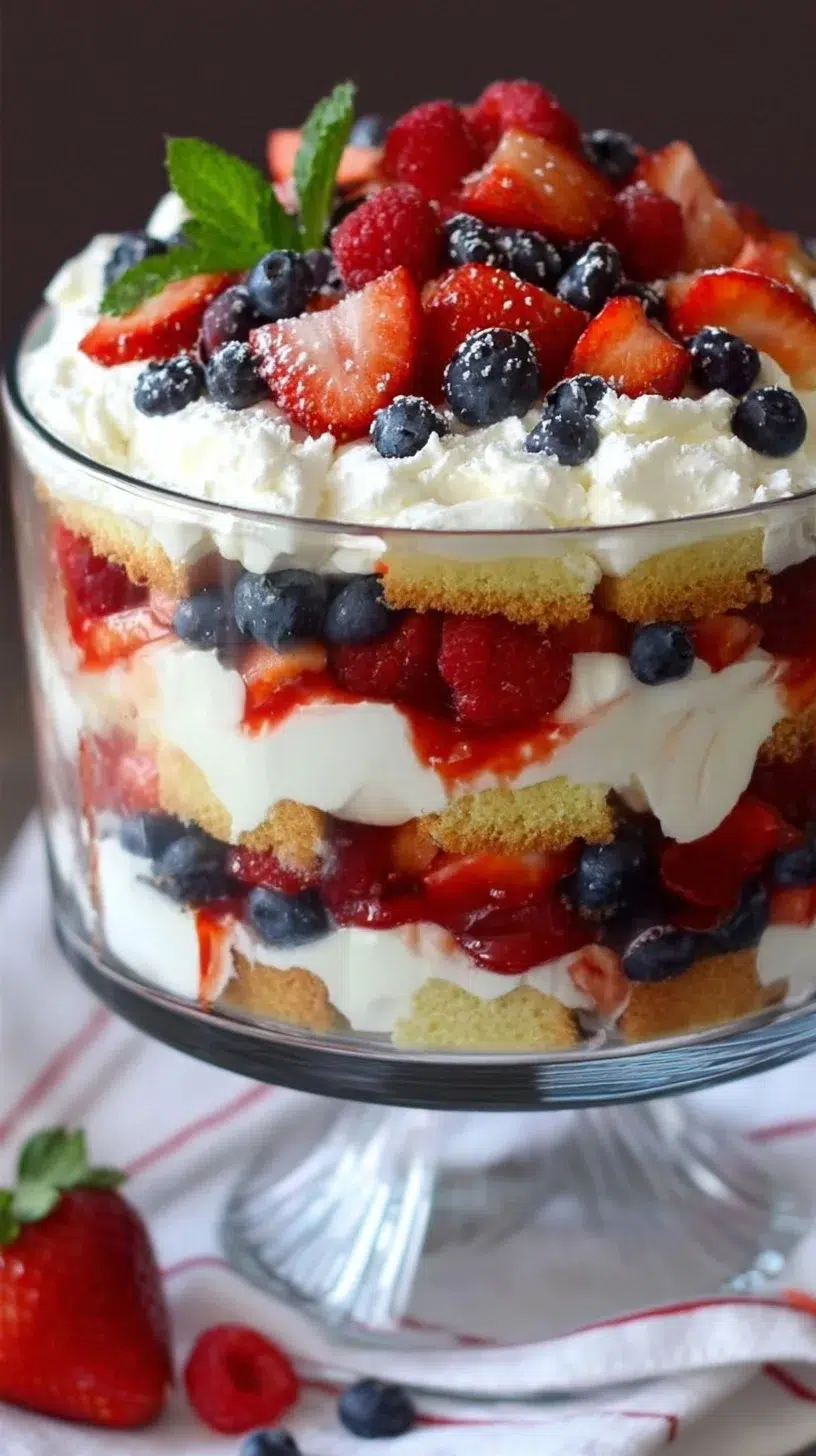 Delicious Strawberry Blueberry Trifle with layers of cream and fresh fruit