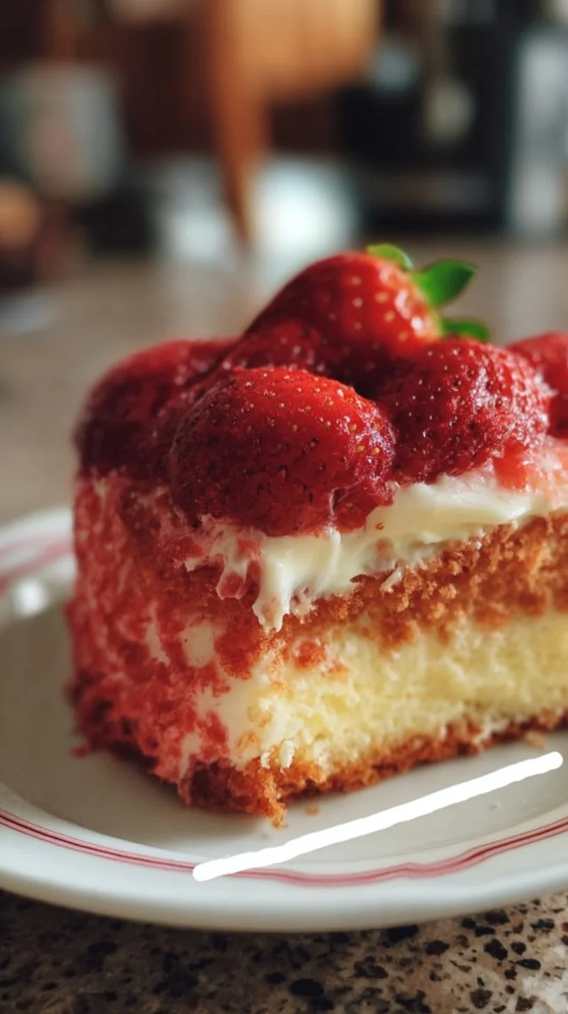 Homemade strawberry cake freshly baked from scratch with layered strawberries