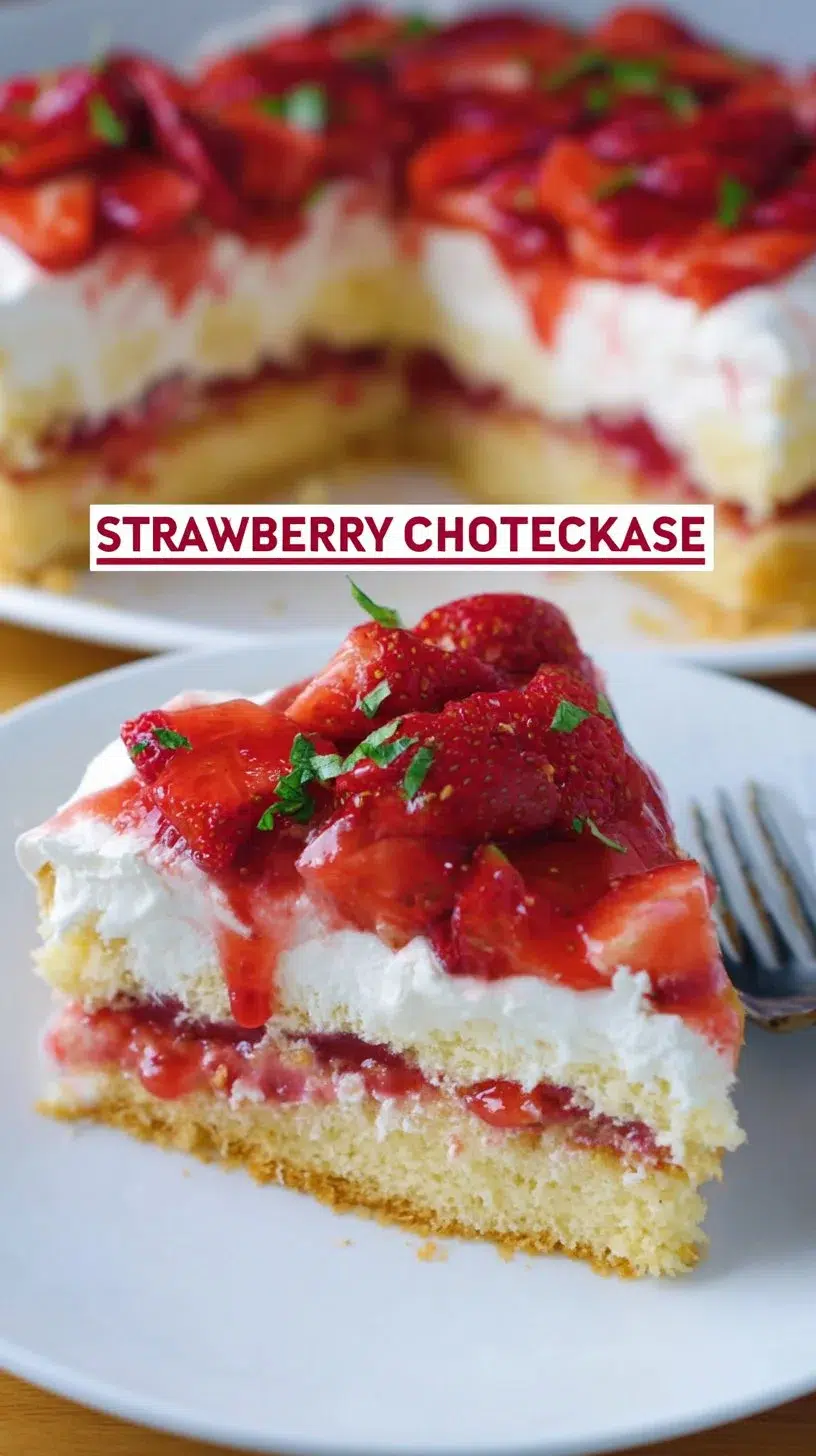 Slice of homemade strawberry shortcake topped with fresh strawberries and whipped cream