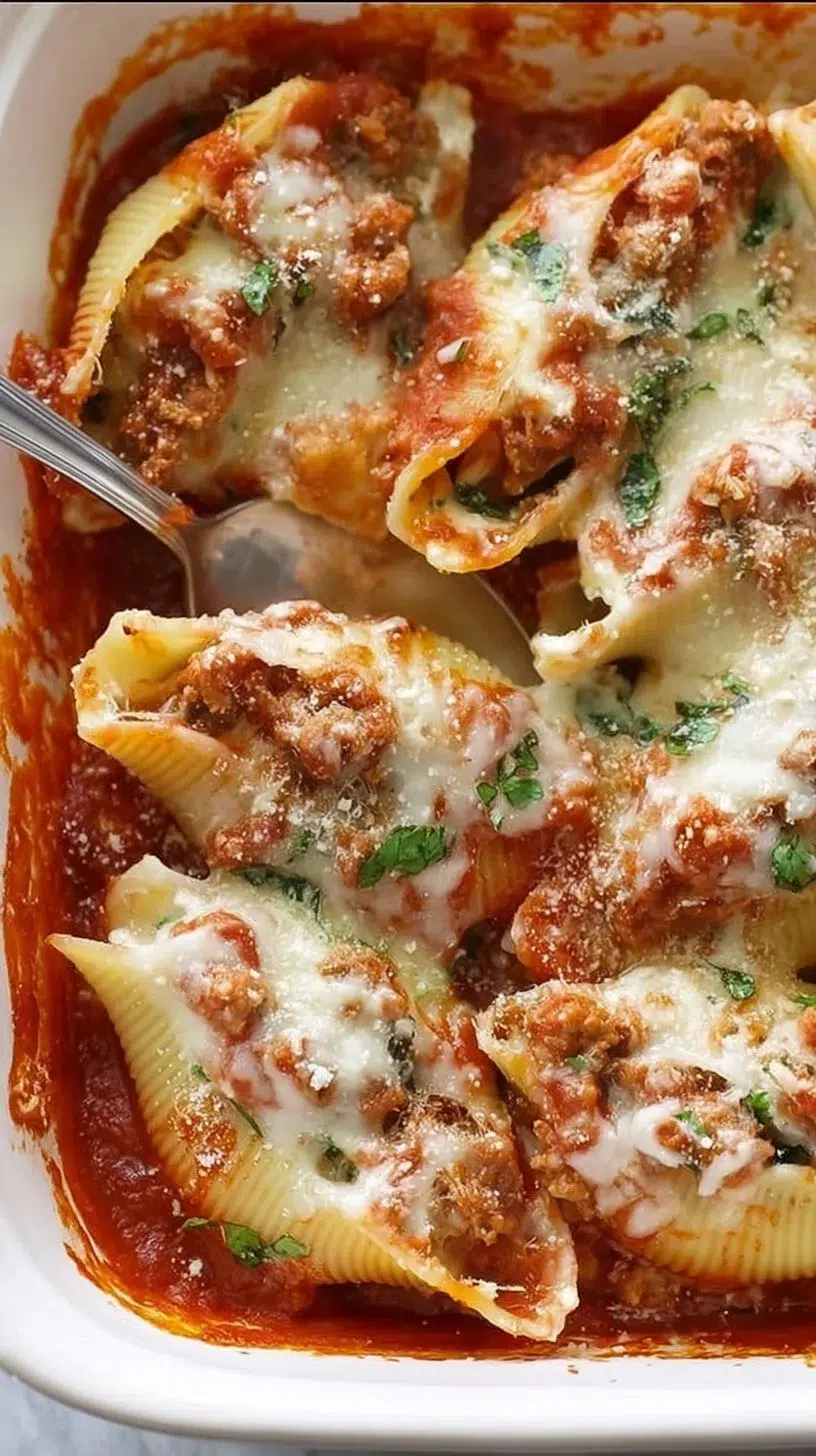 Plate of stuffed shells filled with ground beef and topped with marinara sauce