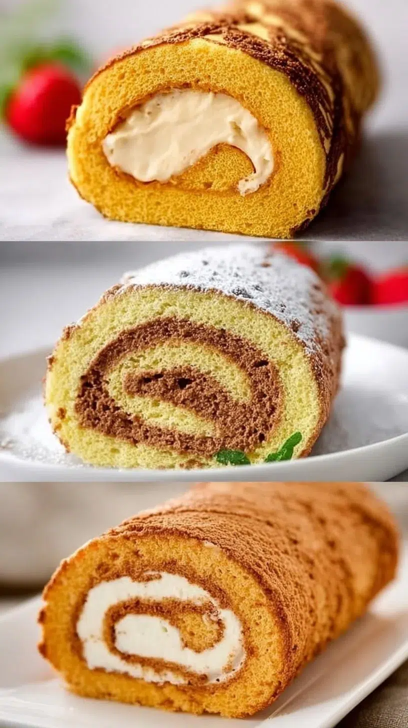 A beautifully rolled Swiss Roll dessert filled with cream and berries.