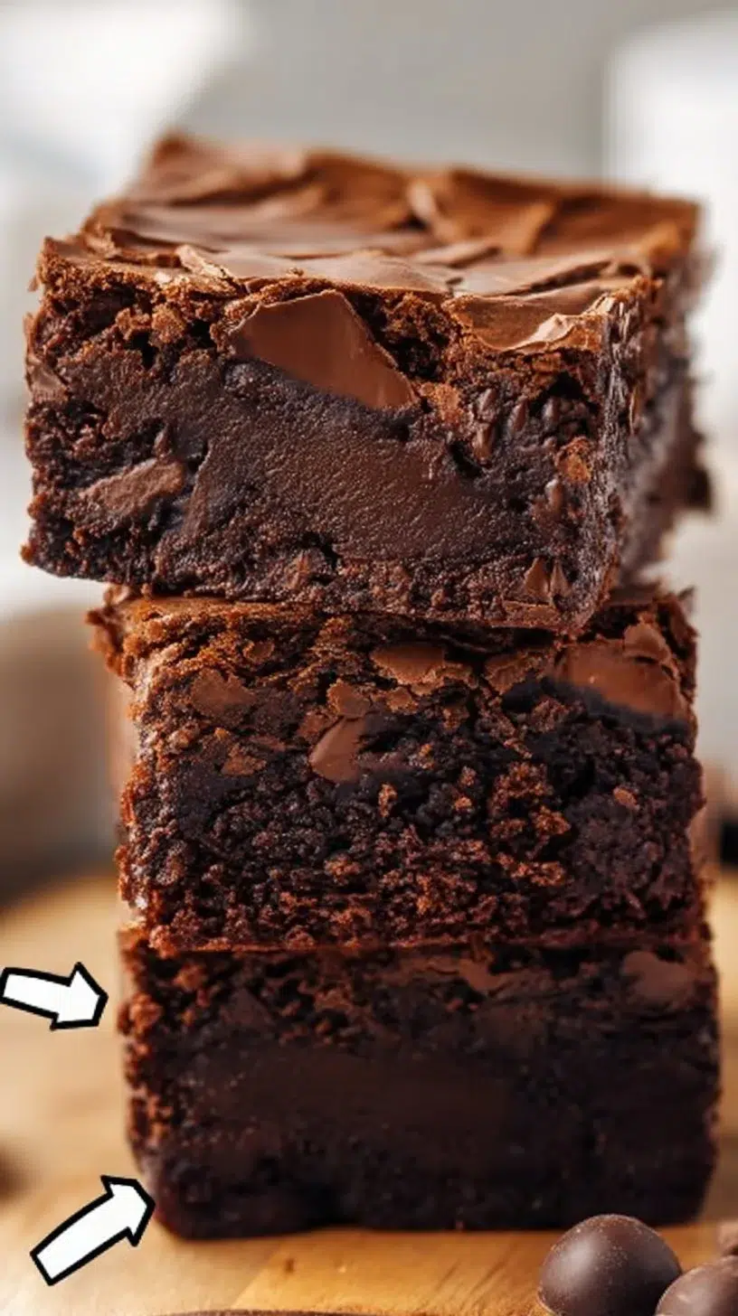 Delicious triple chocolate brownies topped with chocolate chunks on a white plate