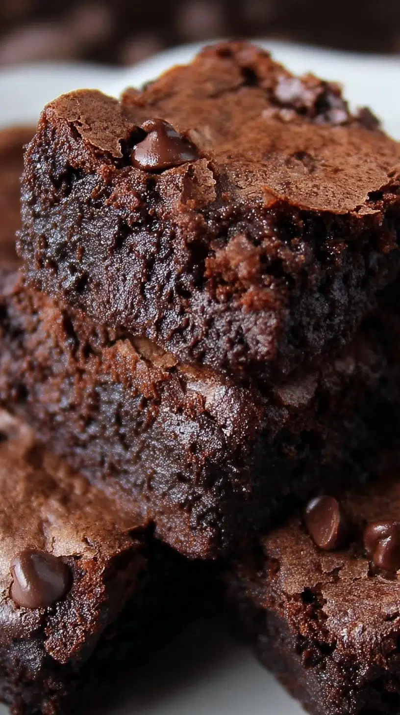 Delicious triple chocolate brownies with chocolate chips on a plate
