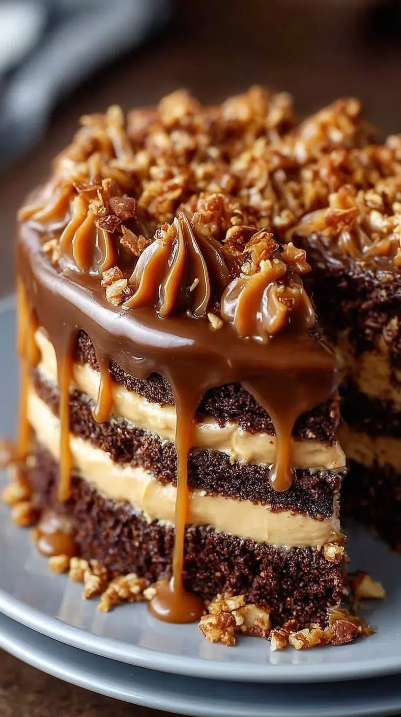 Ultimate Chocolate Caramel Toffee Crunch Cake with rich chocolate and caramel layers