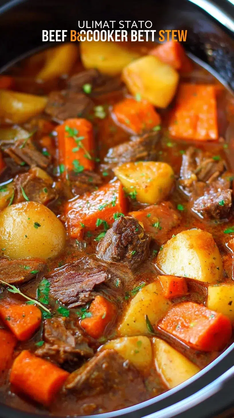 A bowl of ultimate slow cooker beef stew with vegetables and herbs.