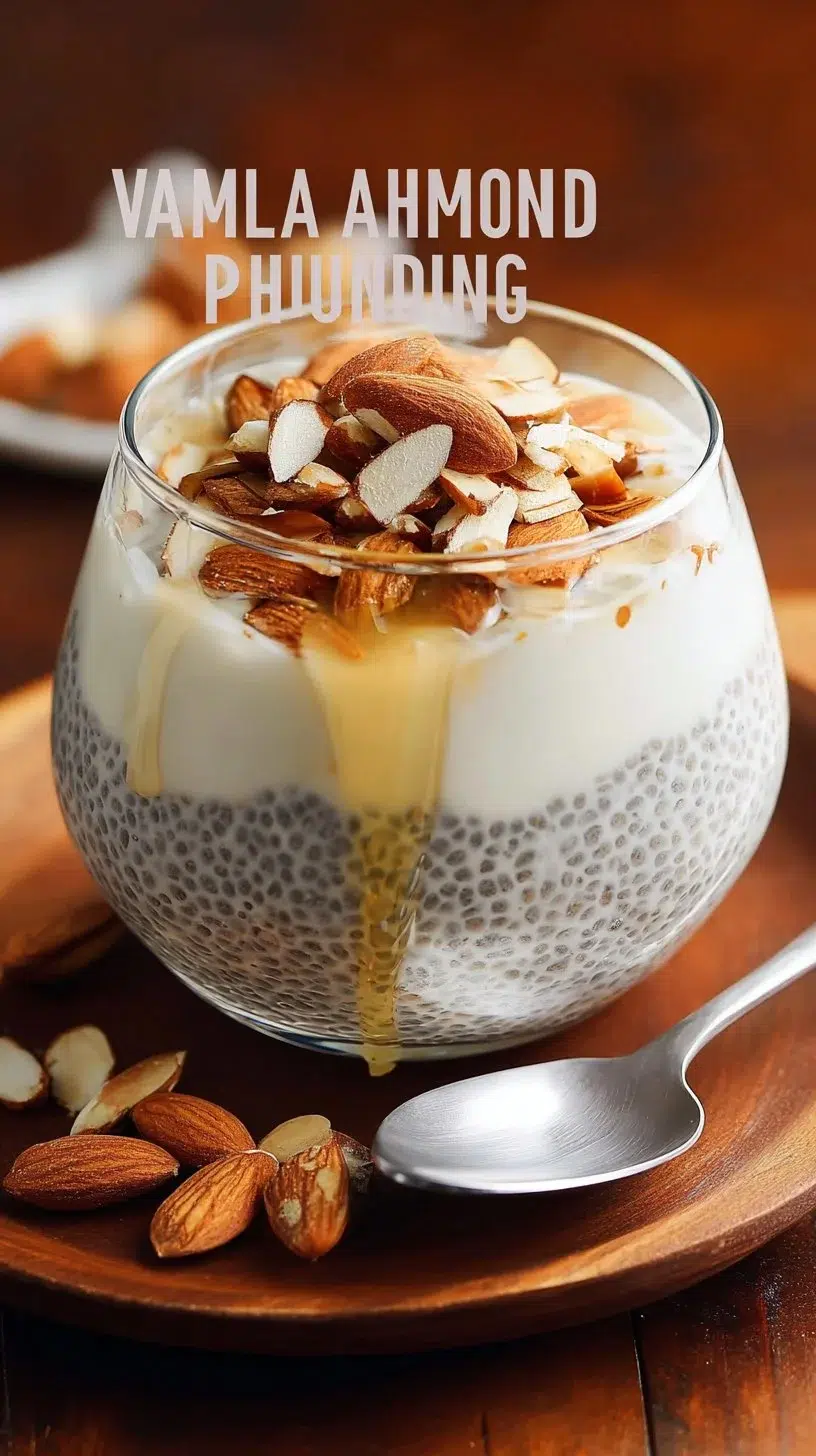 Vanilla almond chia pudding with fresh fruit and nuts topped in a glass bowl.