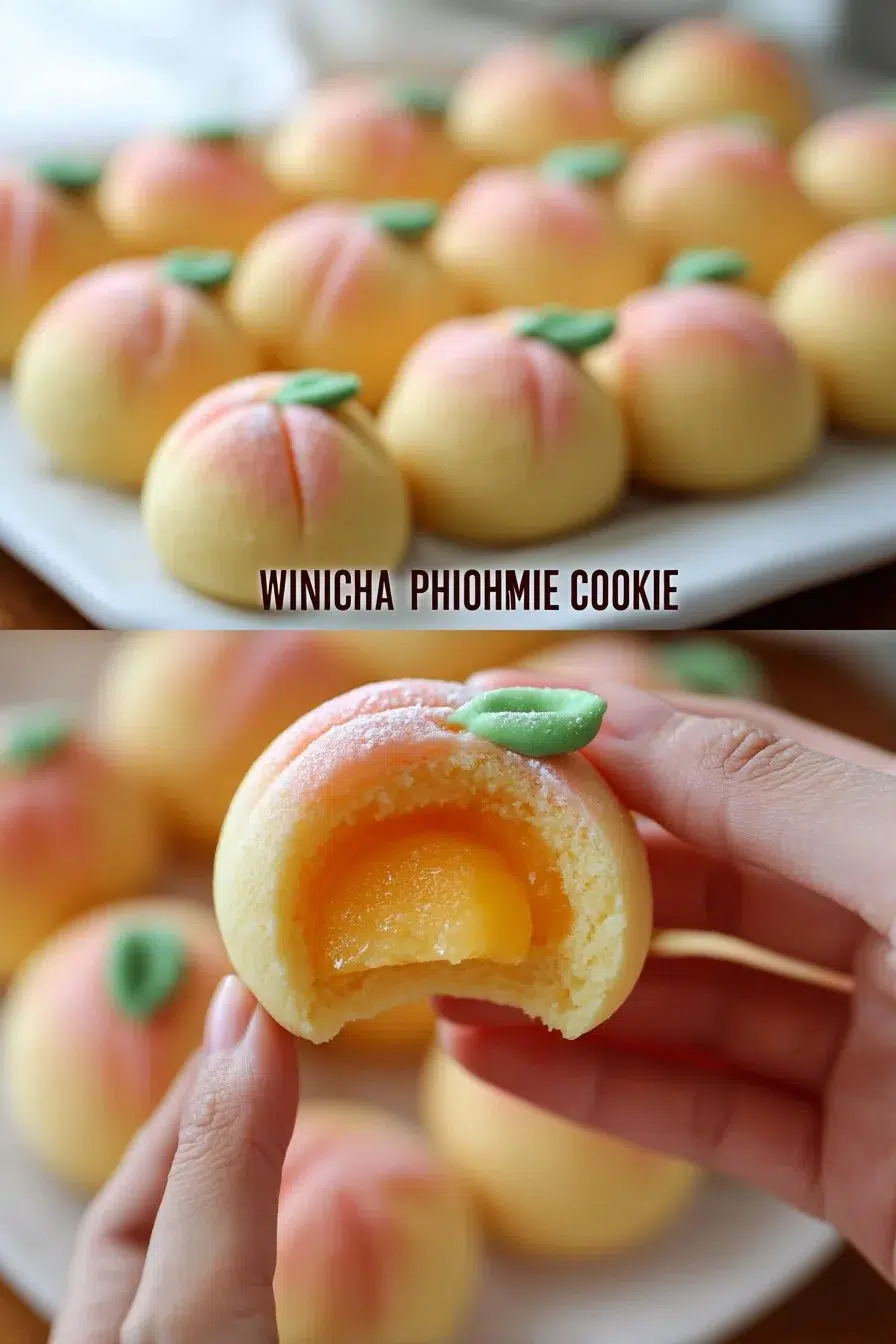 Whimsical peach cookies decorated with peach-colored icing on a white plate.