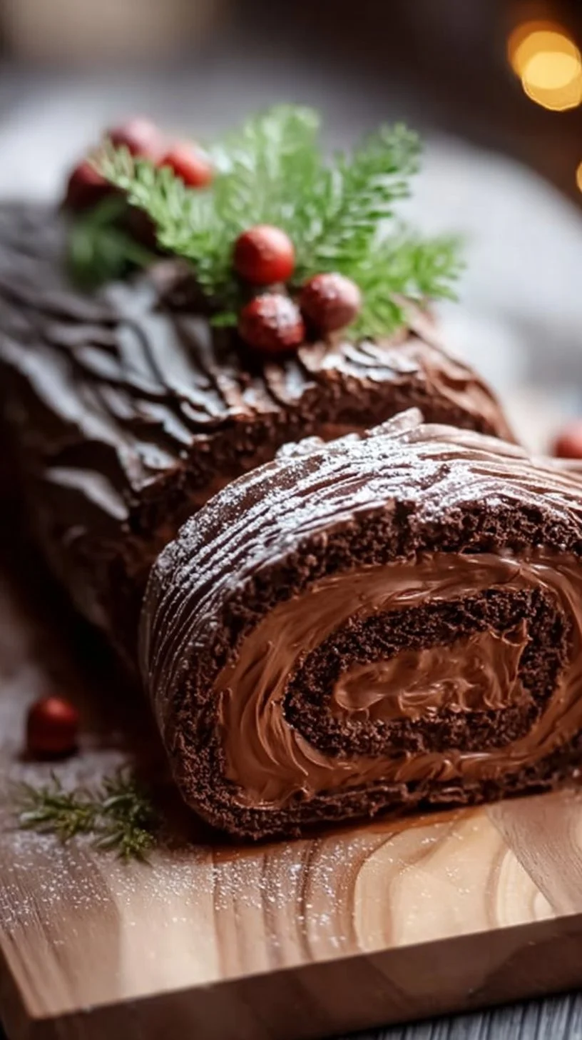 A beautifully decorated Yule Log cake showcasing holiday festivities.