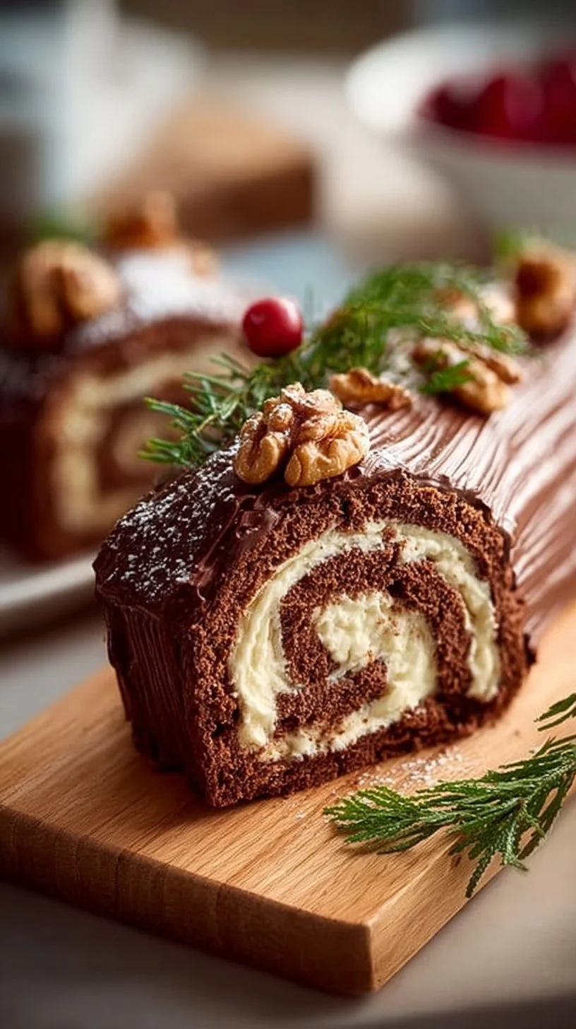 Delicious Yule Log cake decorated with festive elements for the holidays.