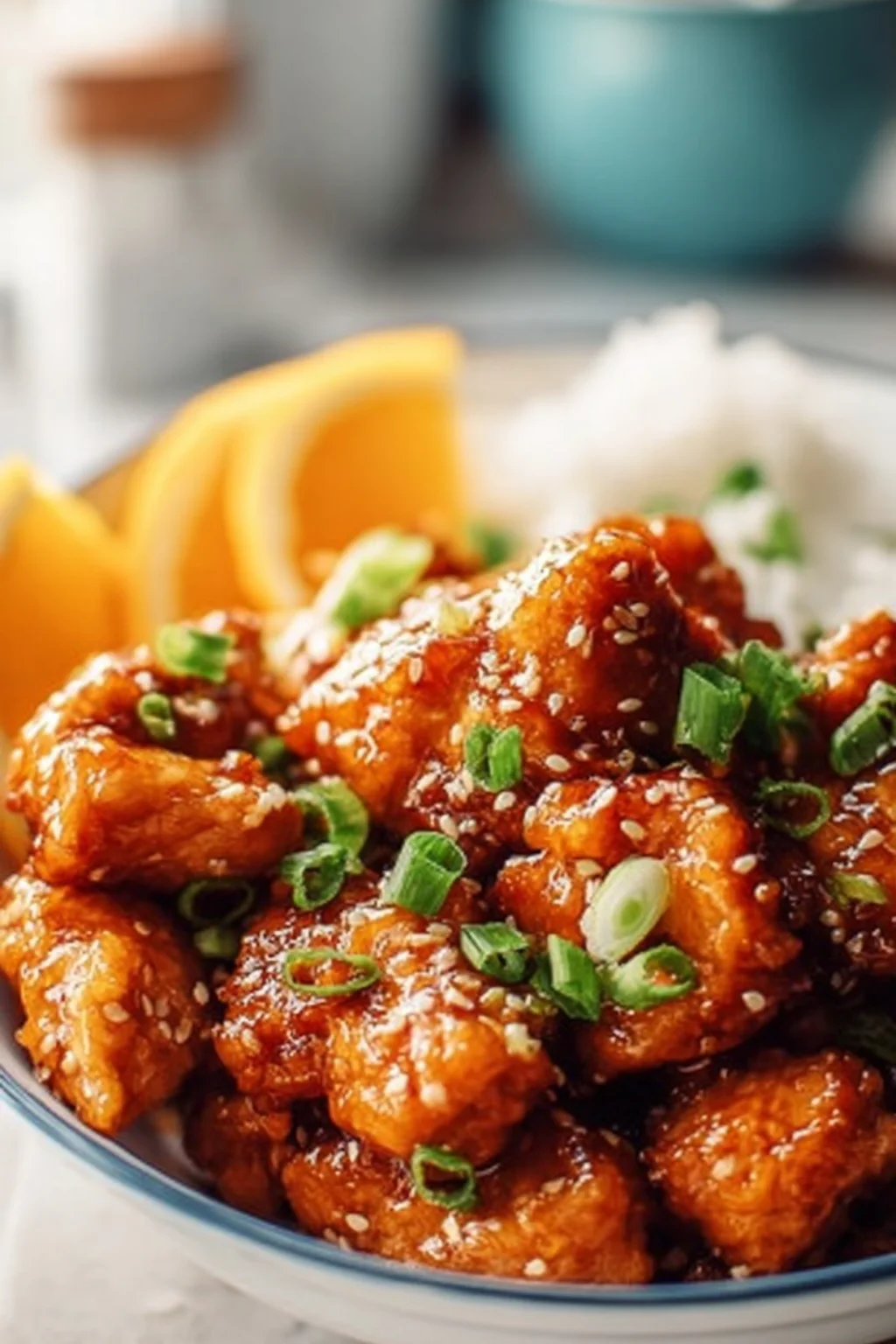 Healthy orange chicken dish served with steamed broccoli and rice