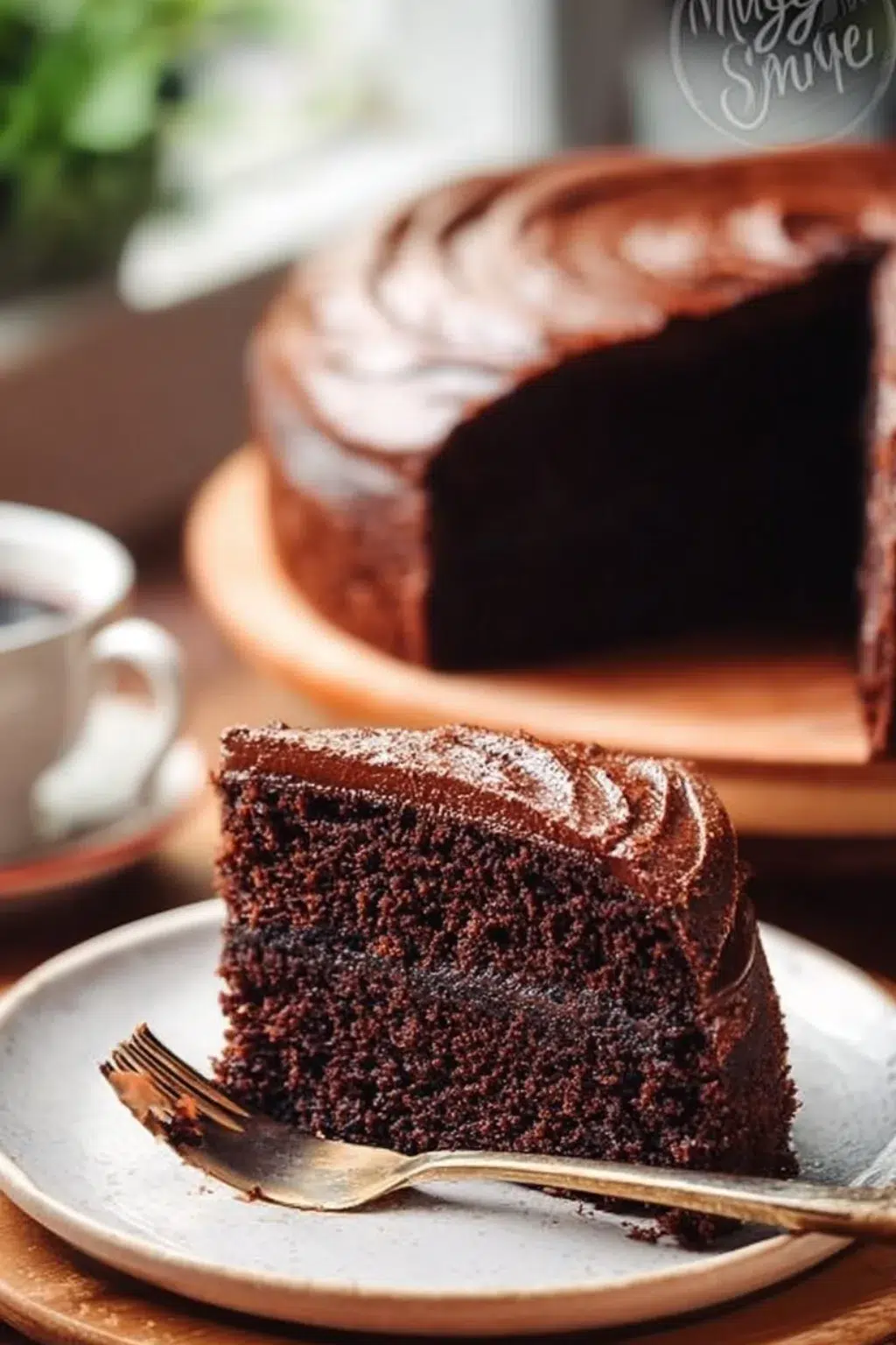 Slice of delicious Black Magic Cake with chocolate frosting and sprinkles