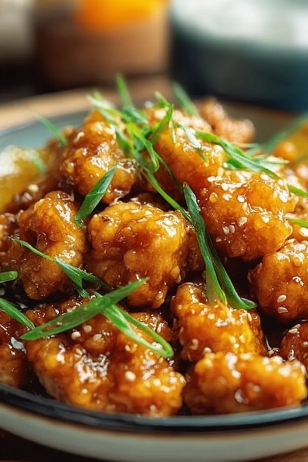 A plate of crispy Chinese orange chicken garnished with sliced green onions