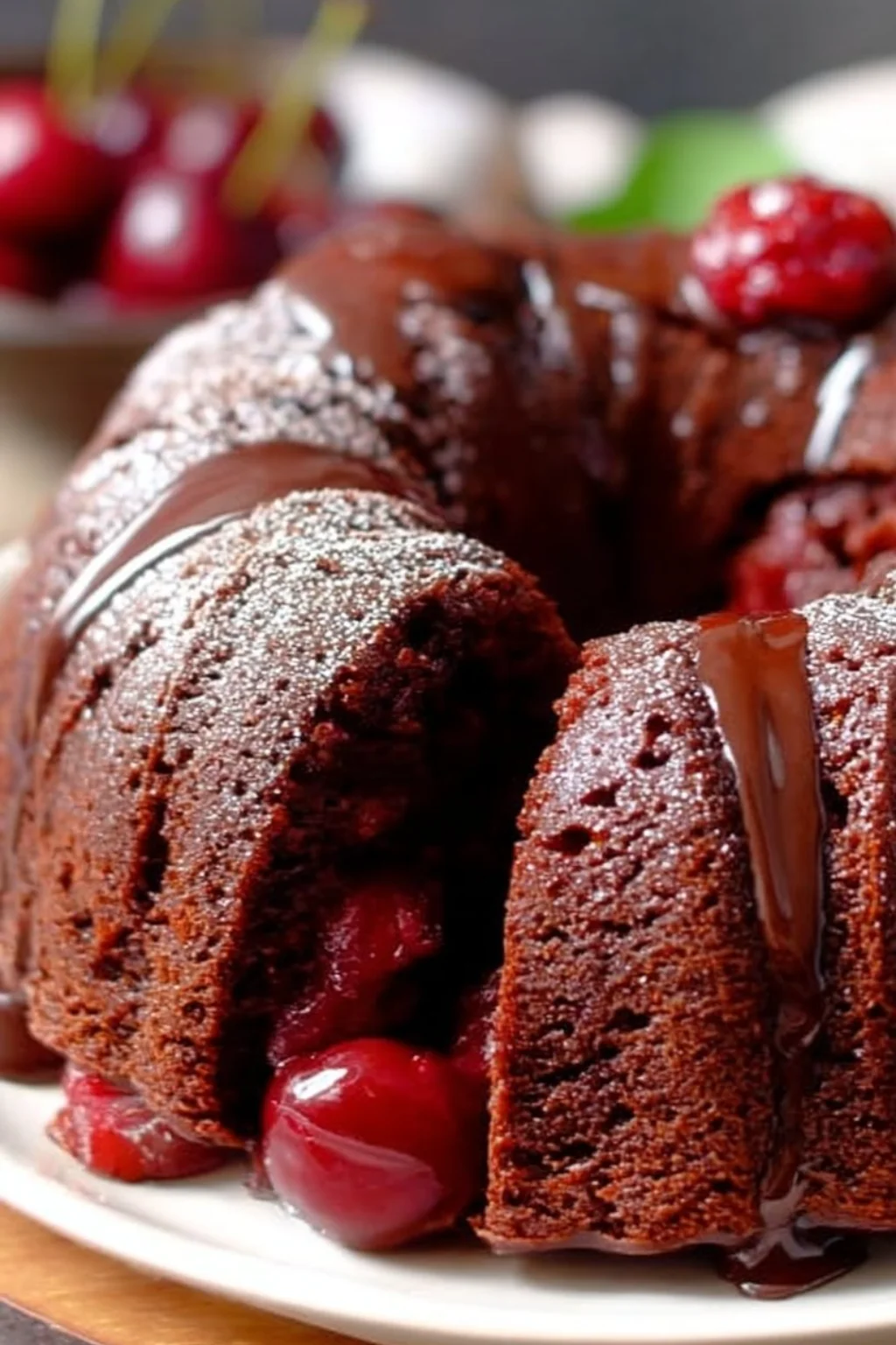 Delicious Chocolate Cherry Bundt Cake topped with cherries and chocolate glaze.