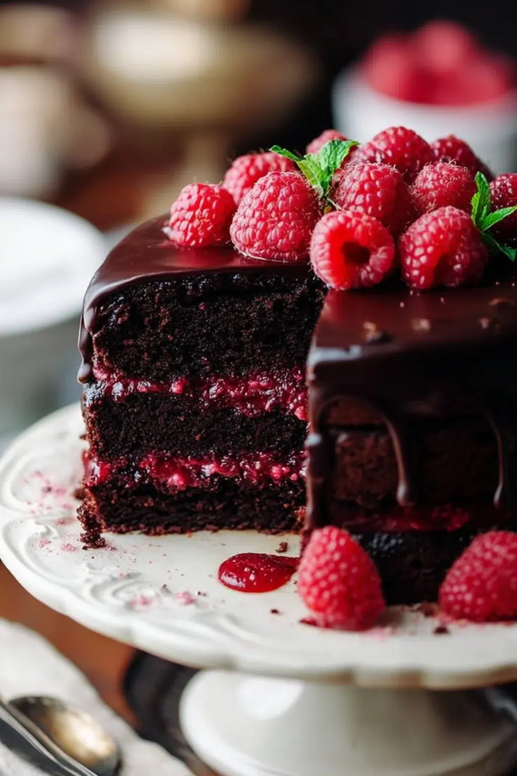 Delicious Chocolate Raspberry Cake topped with fresh raspberries and chocolate ganache