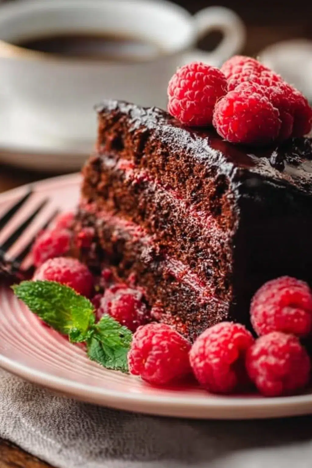 Delicious Chocolate Raspberry Cake topped with fresh raspberries and chocolate ganache