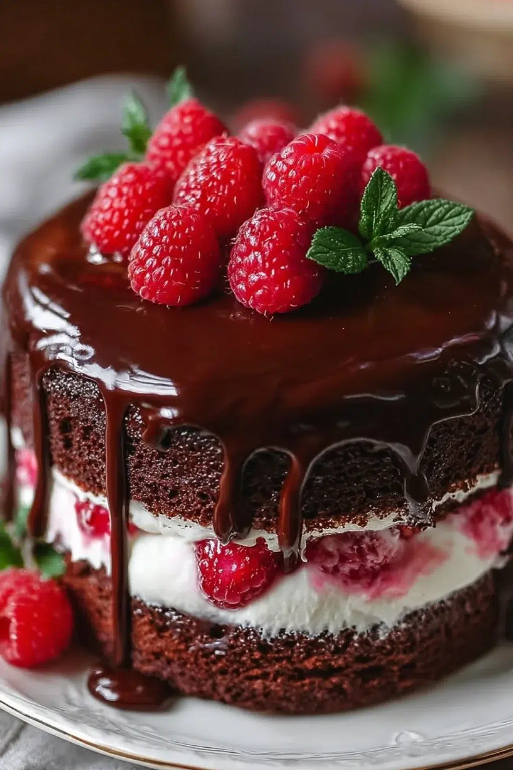 Decadent Chocolate Raspberry Drip Cake with rich chocolate glaze and fresh raspberries