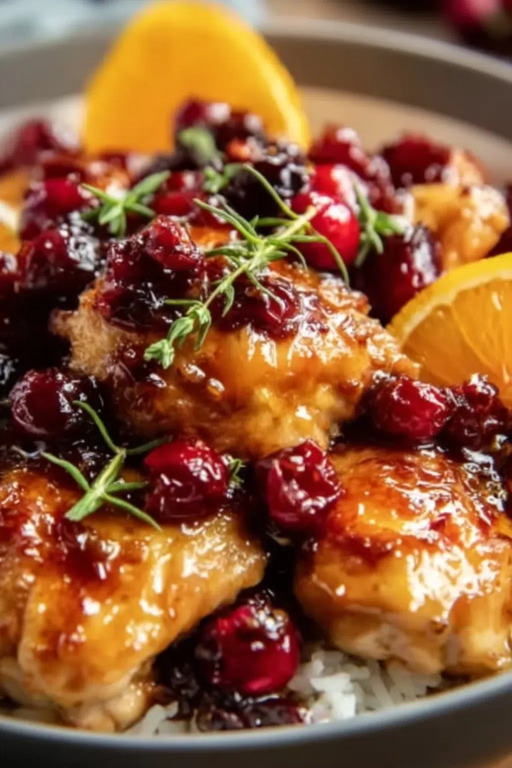 Delicious plate of Cranberry Orange Chicken garnished with herbs
