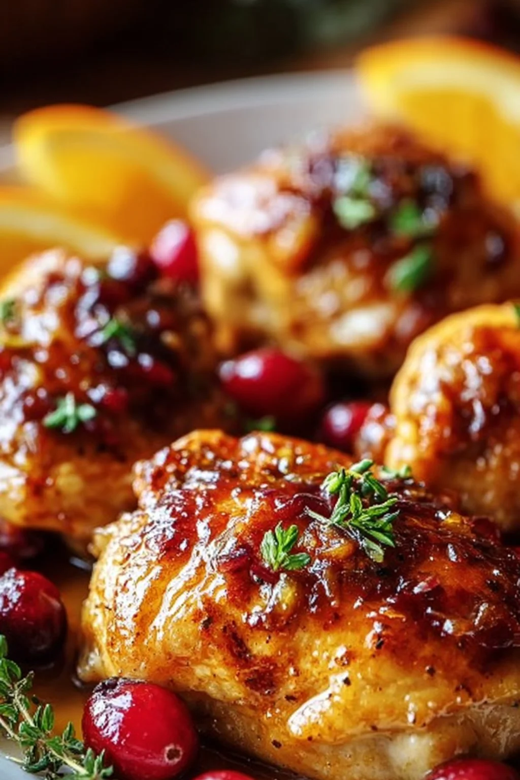 Delicious plate of Cranberry Orange Chicken drizzled with cranberry sauce